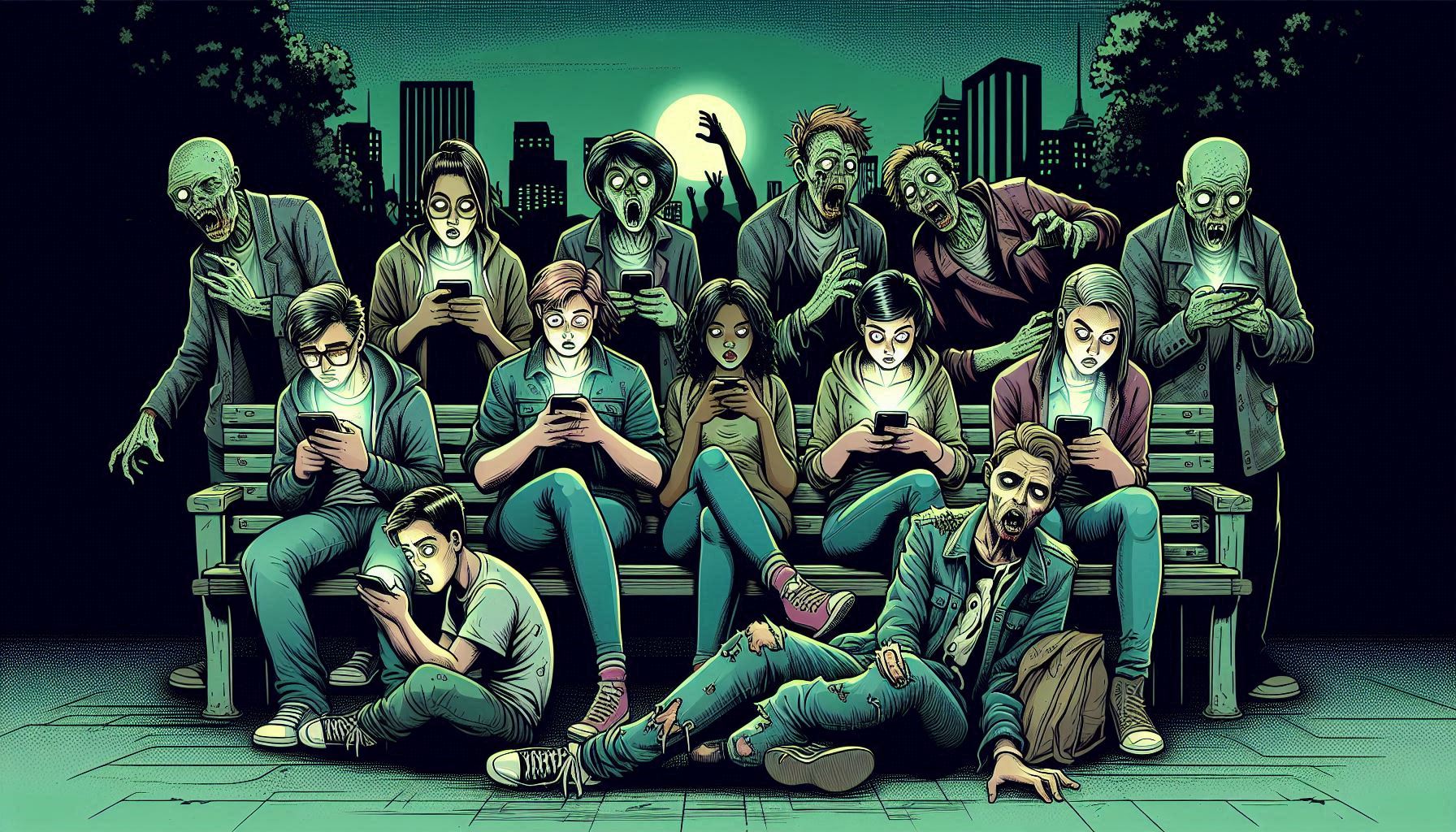 Teenagers and adults absorbed in their phones while zombies go completely ignored behind them